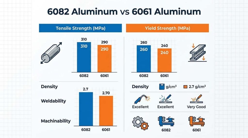 6082 aluminum vs 6061 aluminum mechanical properties comparison chart tensile strength yield strength