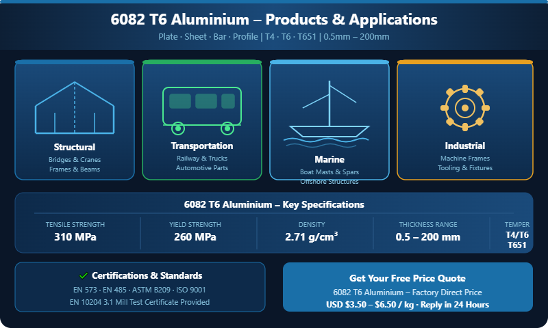 6082 T6 aluminium applications structural transportation marine industrial specifications