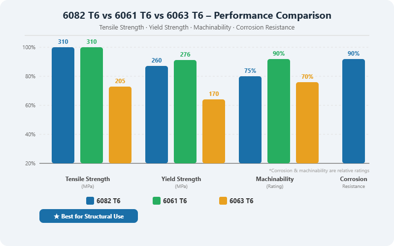 6082 T6 vs 6061 T6 vs 6063 T6 aluminium performance comparison tensile strength yield strength